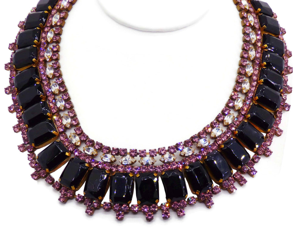Dark Purple and Pink Rhinestone Czech Glass Bib Necklace