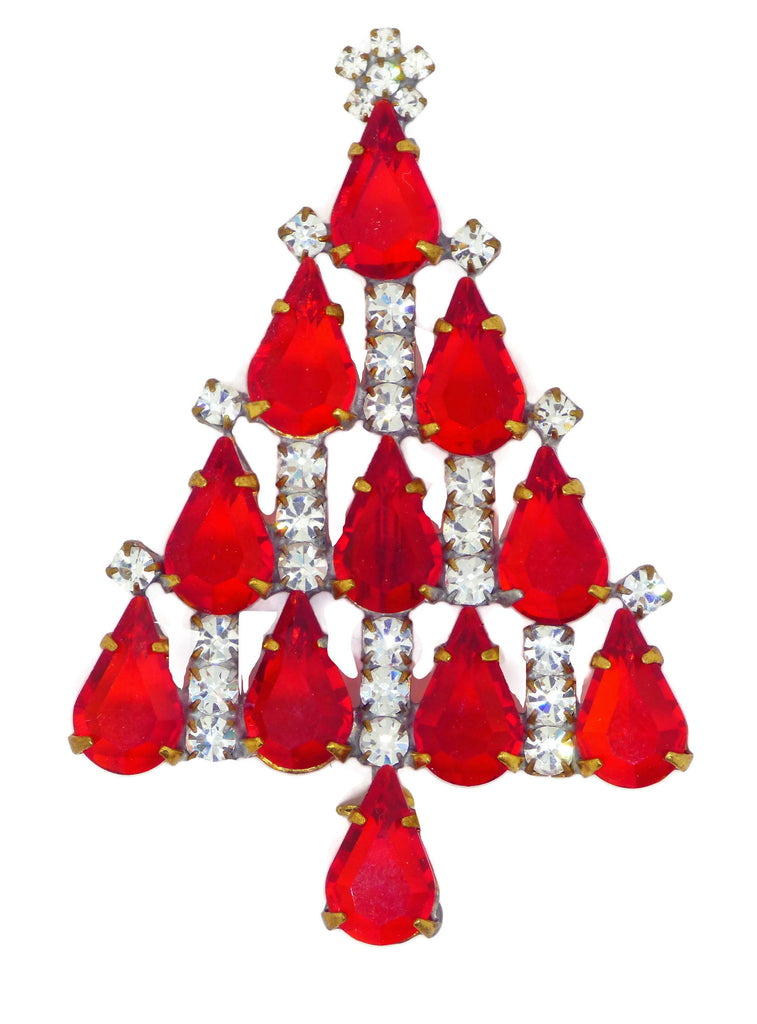 Red and Clear Czech Glass Rhinestone Christmas Tree Brooch