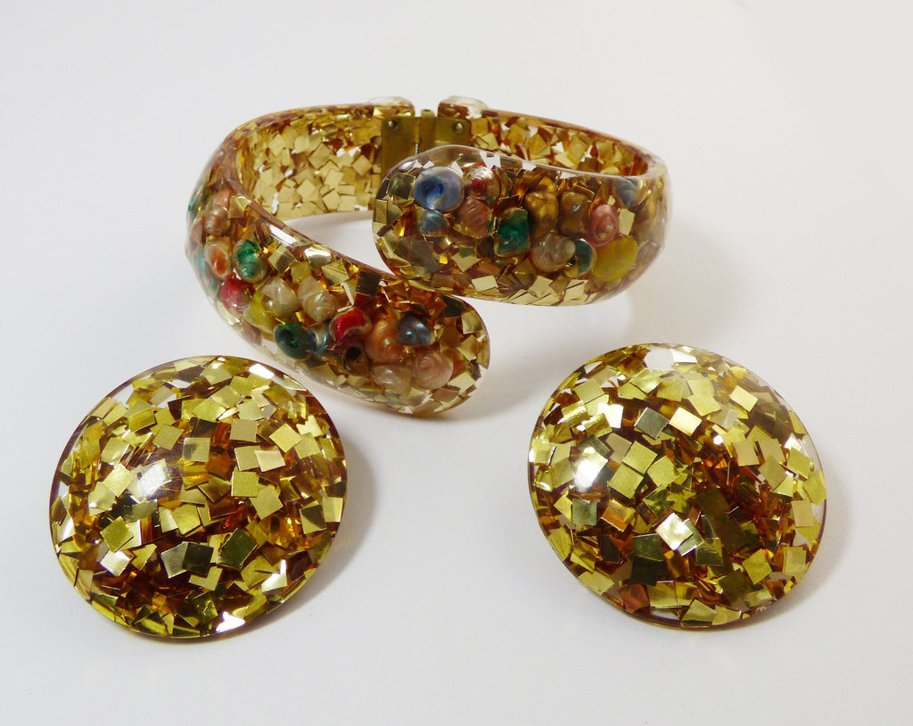 Confetti and Sea Shells Lucite Clamper and Earring Set