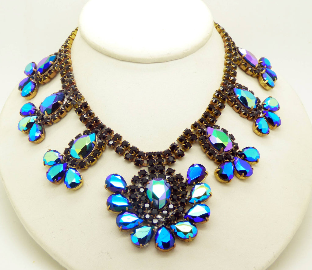 Bijoux MG Black Borealis Czech Glass Rhinestone Necklace and Clip Earrings - Vintage Lane Jewelry