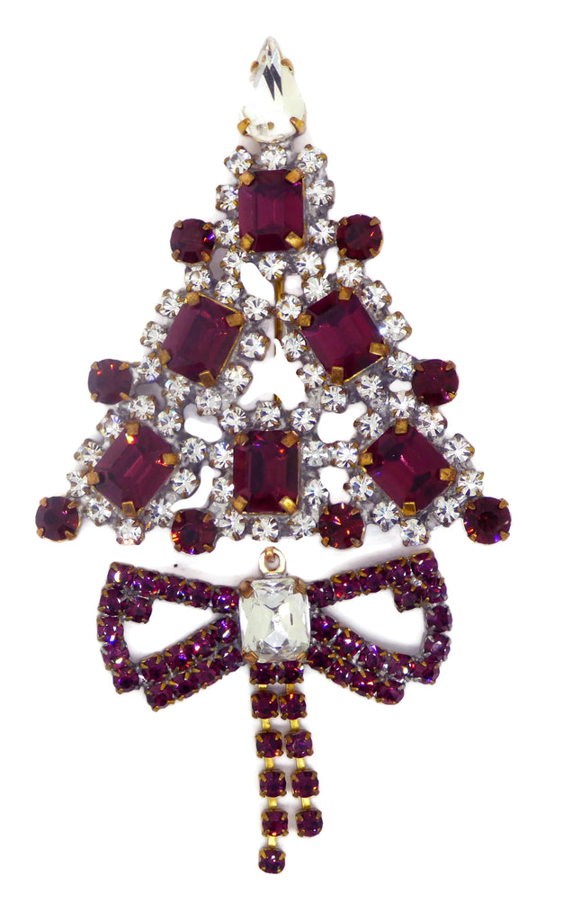 Czech Glass Purple Rhinestone Christmas Tree Brooch with Dangling Ribbon, Vintage Rhinestones, Xmas Tree Pin
