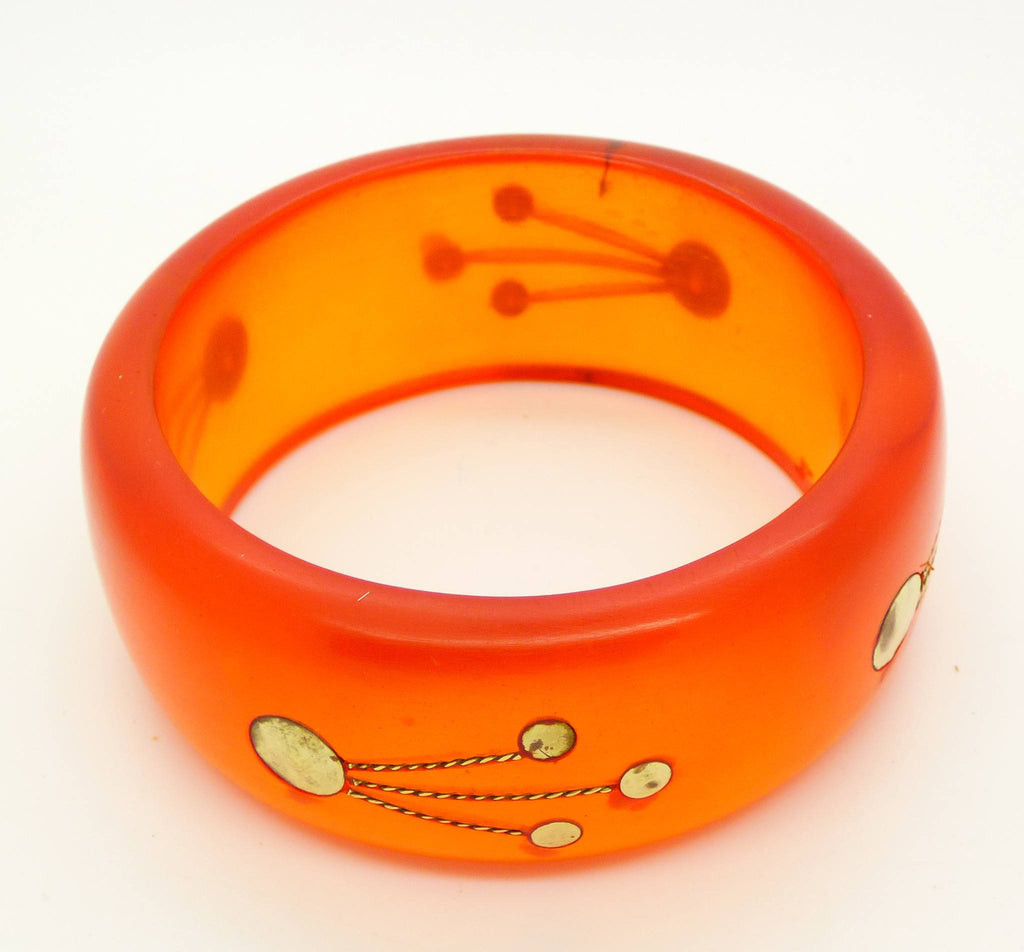 Prystal Wide Bakelite Dark Apple juice Bangle with Metal Insets - Vintage Lane Jewelry