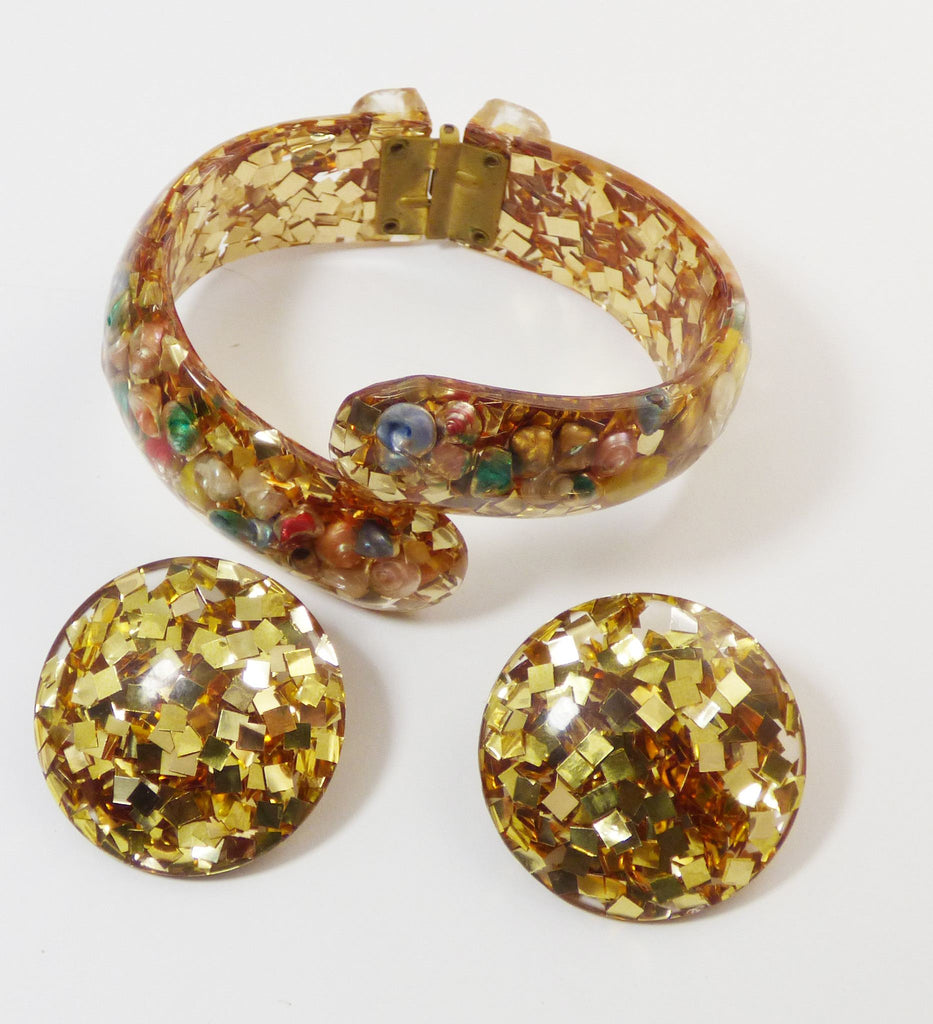 Confetti and Sea Shells Lucite Clamper and Earring Set - Vintage Lane Jewelry