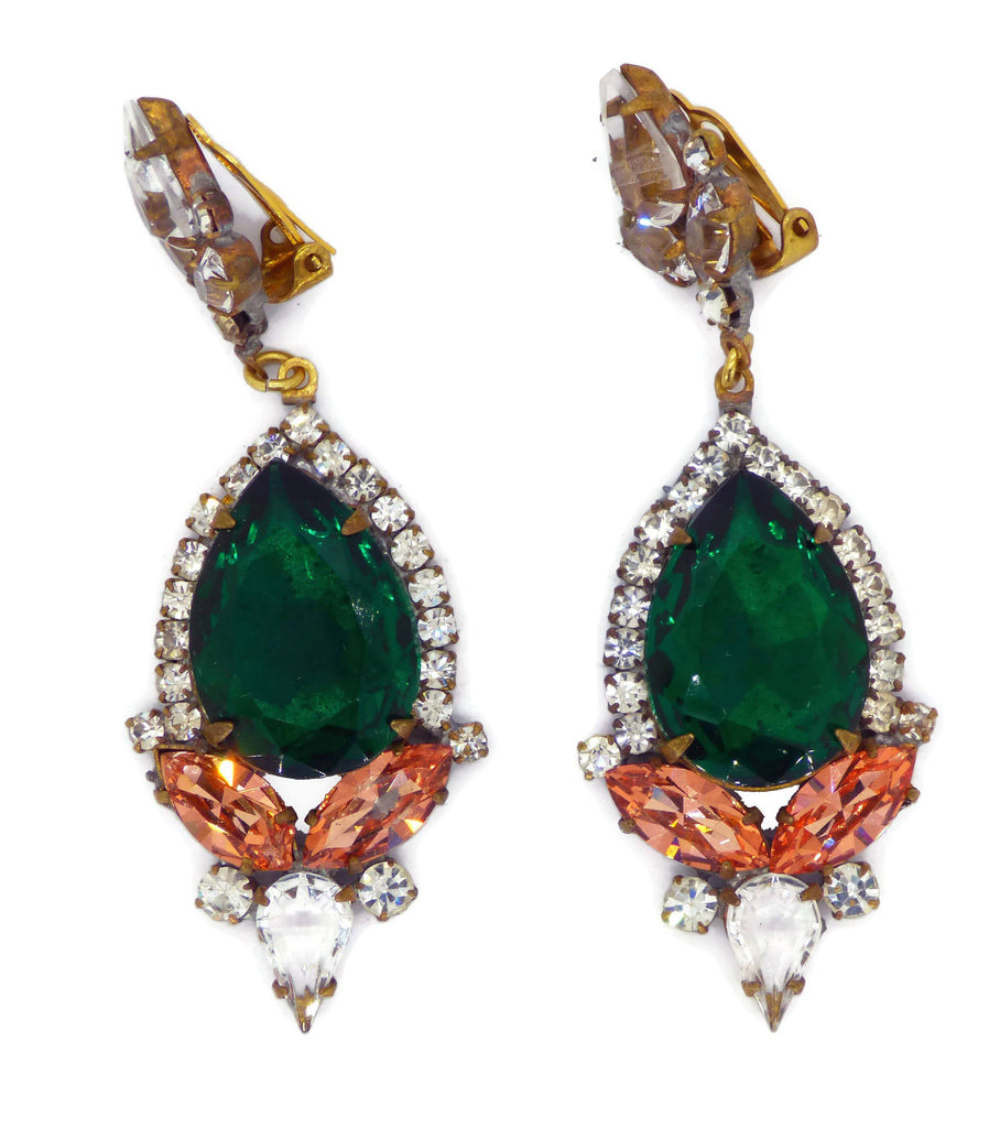 Czech Glass Clear Rhinestone Emerald Green Dangling Clip Earrings