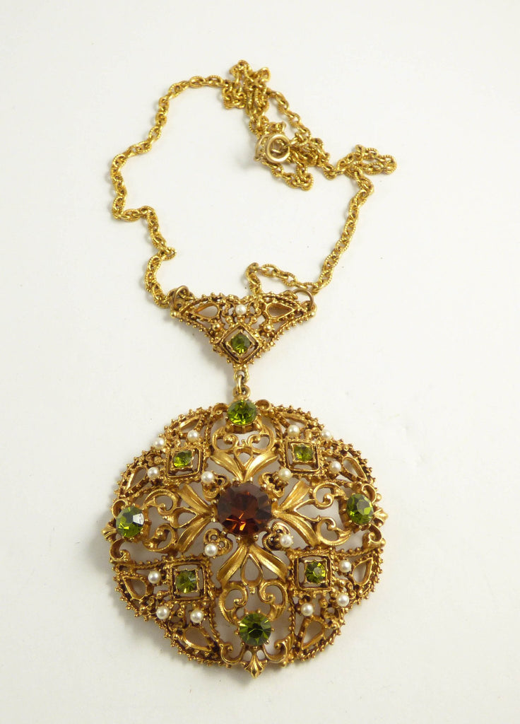 Florenza Gold Tone Rhinestone Pendant Necklace - Vintage Lane Jewelry