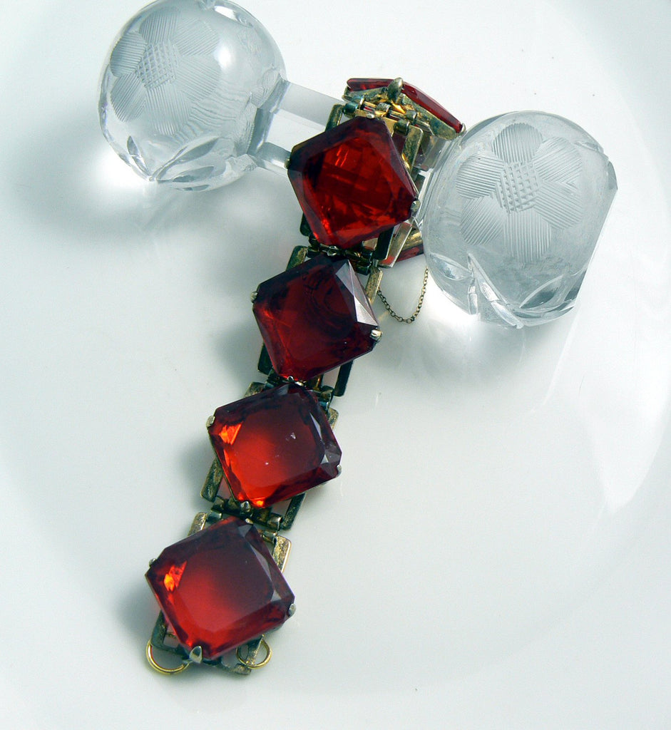 Red Square Cut Glass Art Deco Bracelet