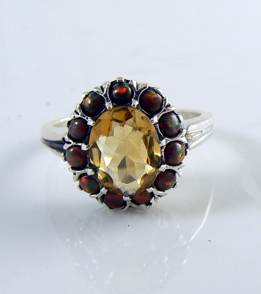 Victorian Revival Natural Citrine, Red Fire Opals Sterling Silver Filigree Ring