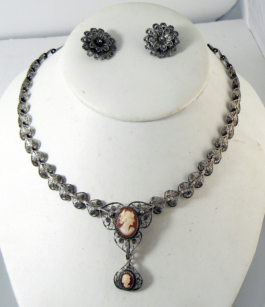 Estate Sterling Silver Filigree Carved Shell Cameo Necklace Earring Set