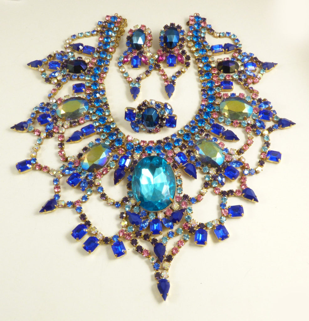 Czech Glass Statement Blue Pink Rhinestone Parure. Necklace, Earrings and Ring