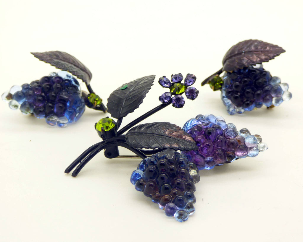 Vintage Austrian Crystal Purple Grape Cluster Brooch and Clip Earrings