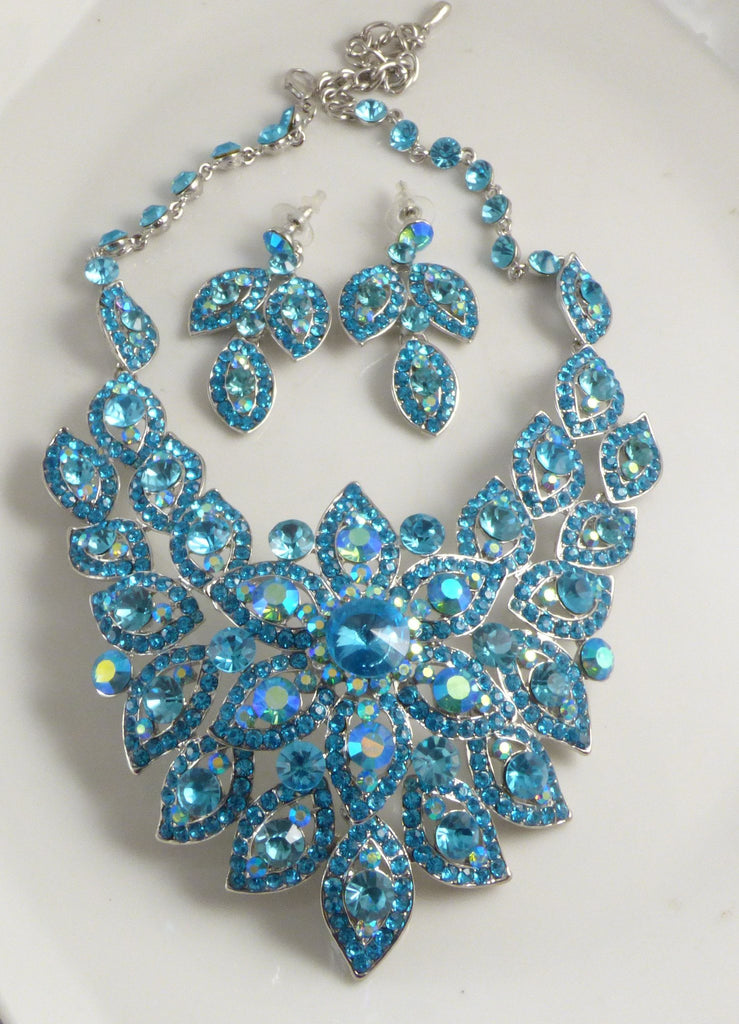 Blue Rhinestone Bold Statement Necklace and Earring Set.