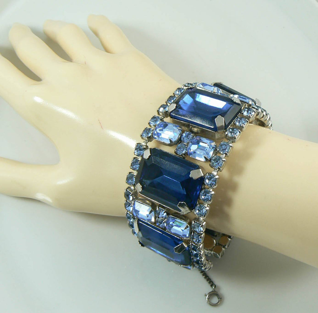 Spectacular High End Sapphire Blue Wide Rhinestone Bracelet - Vintage Lane Jewelry
