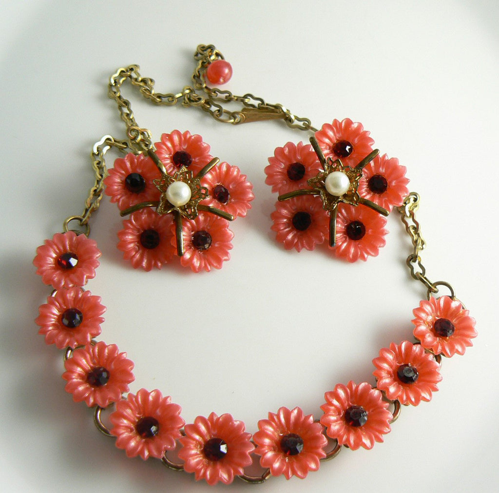 Vintage Plastic Red Flower Rhinestone Necklace Earring Set