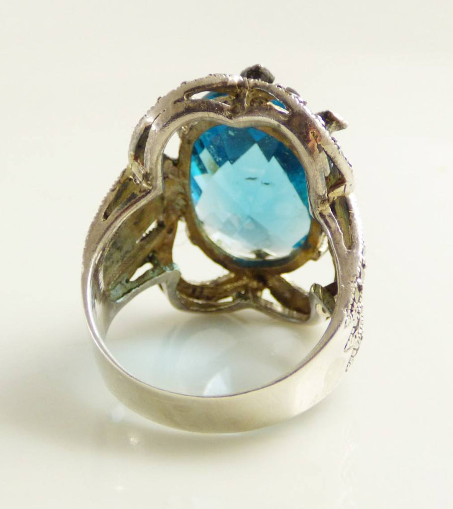 Victorian 23ct Blue Quartz Sterling Silver Marcasite Ring - Vintage Lane Jewelry