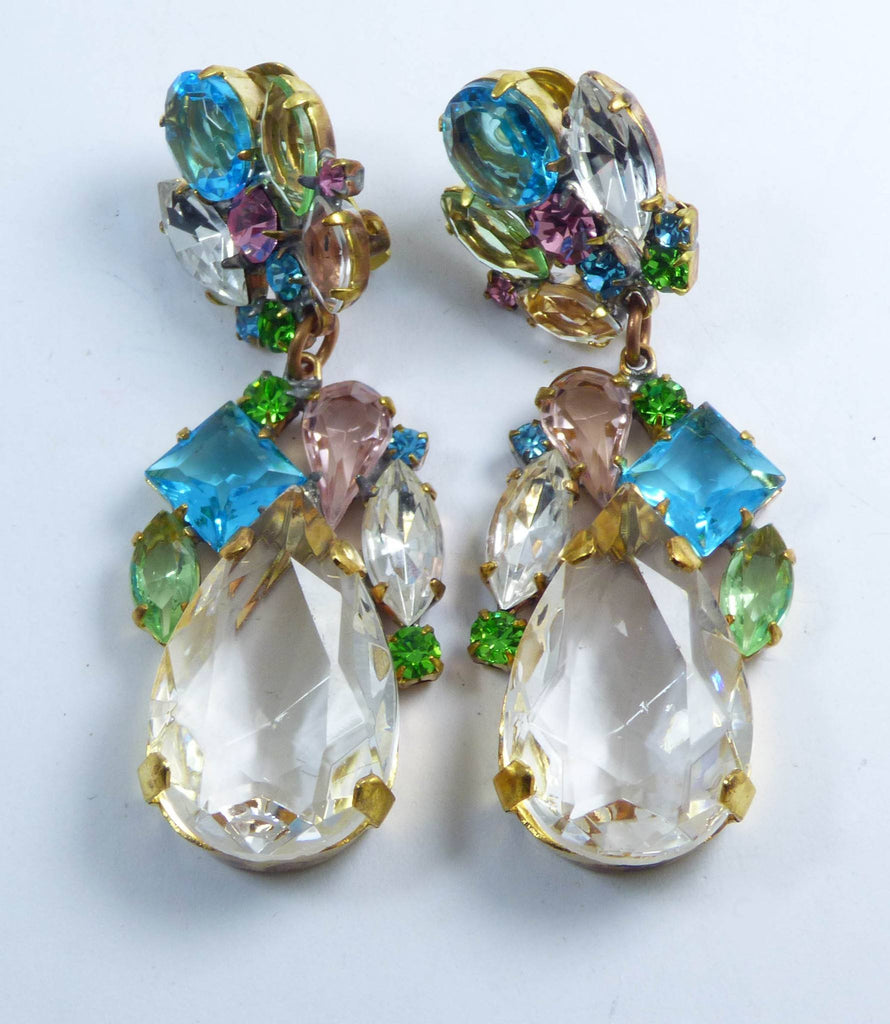 Czech Glass Clear Teardrops with Pastel Rhinestones Clip Earrings