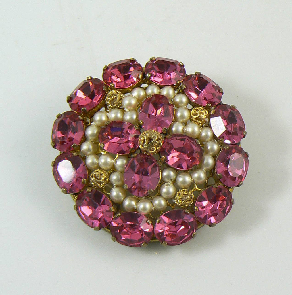 Art Deco Pink Rhinestone Hand Wired Faux Pearl Vintage Brooch