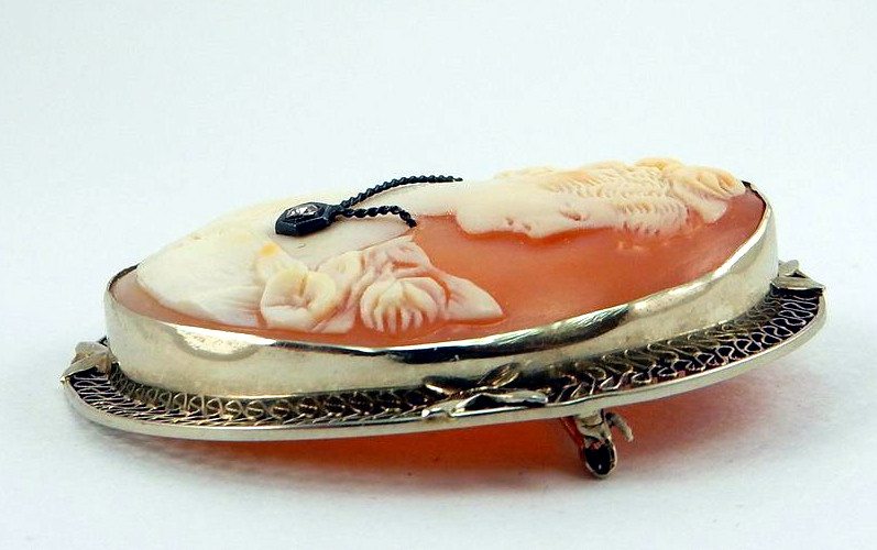 Vintage 14K White Gold Filigree Carved Shell Cameo Miners Cut Diamond Habille Brooch - Vintage Lane Jewelry