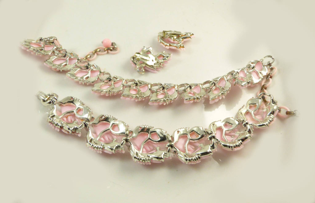 Vintage Lisner Pink Thermoset Leaf Design Necklace Bracelet Clip Earring Set - Vintage Lane Jewelry