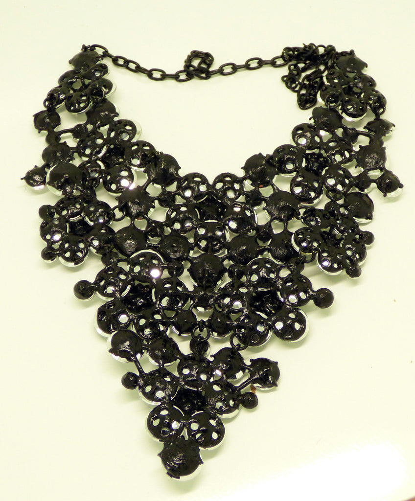 Rhinestone Statement Massive Necklace Bright Blue, Gun Metal - Vintage Lane Jewelry