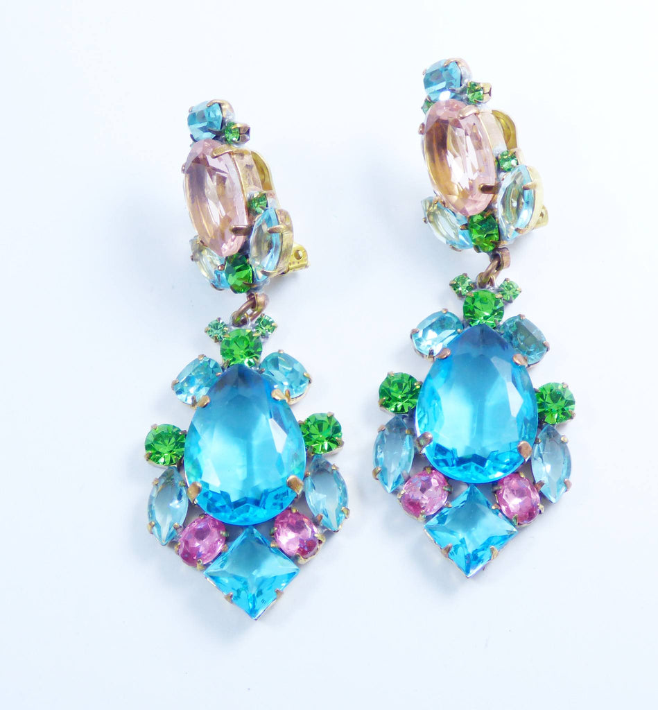 Czech Glass Aqua Blue, Pink and Green Rhinestones Clip Earrings