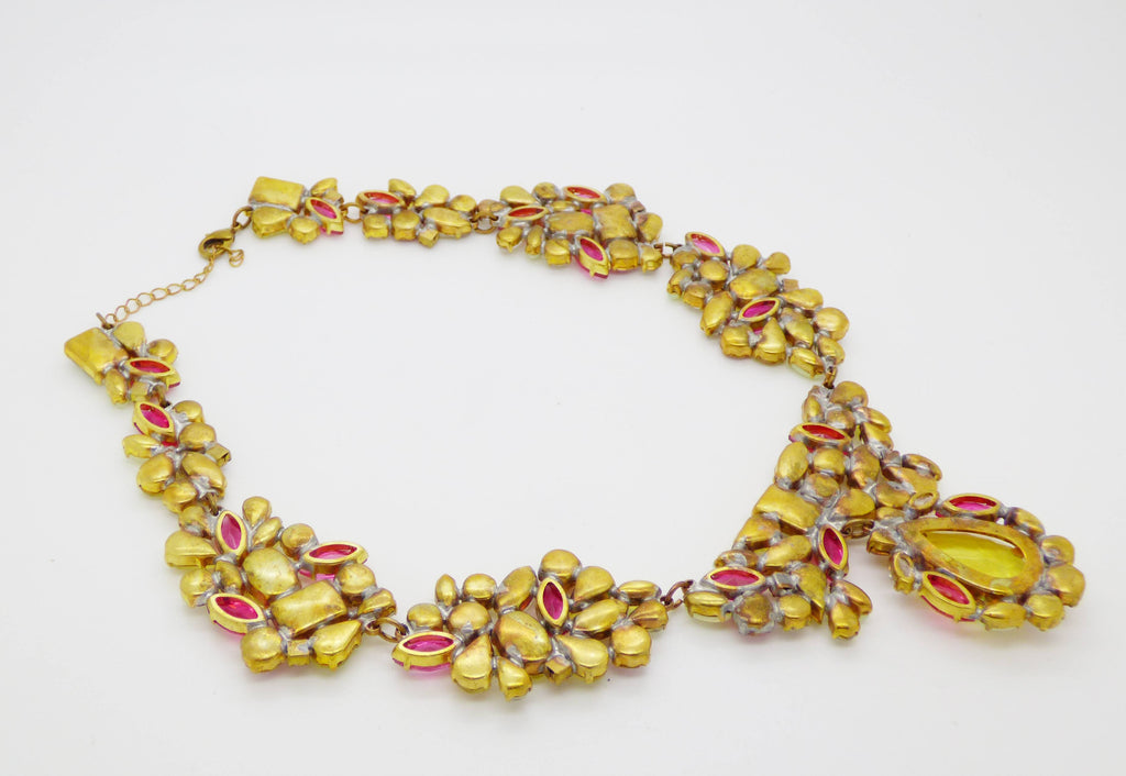 Czech Glass Pastel Rhinestone Pendant Necklace and Clip Earrings - Vintage Lane Jewelry