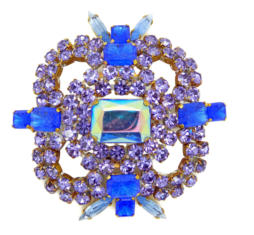 Czech Rhinestone Brooch, Huge Bijoux MG, Lavender and Blue