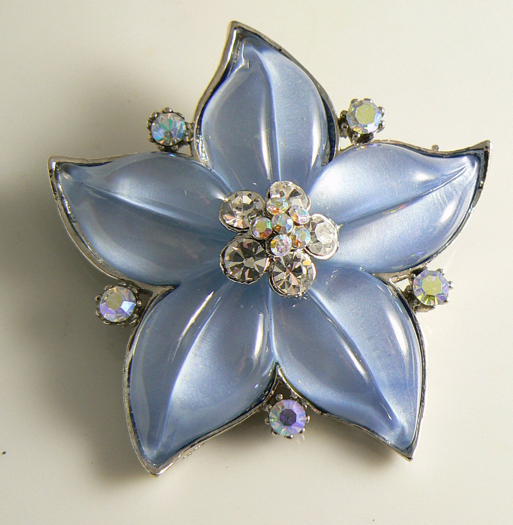 Beautiful Blue Poured Art Glass Ab Rhinestone Flower Pin Brooch