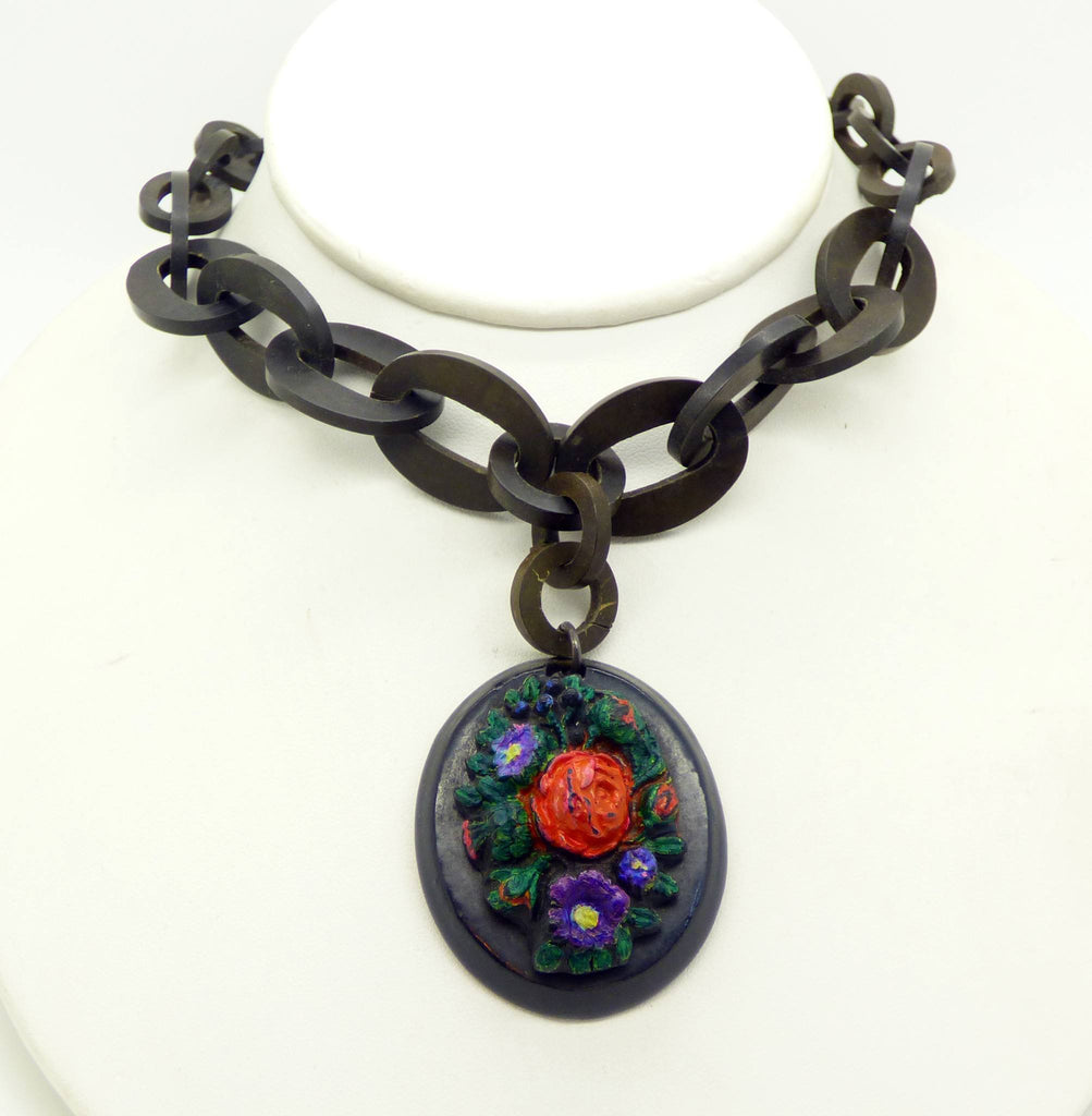 Antique Victorian Mourning Gutta Percha Painted Floral Pendant Necklace