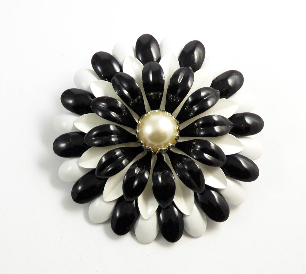 Vintage Enamel Black and white Large Flower Pin