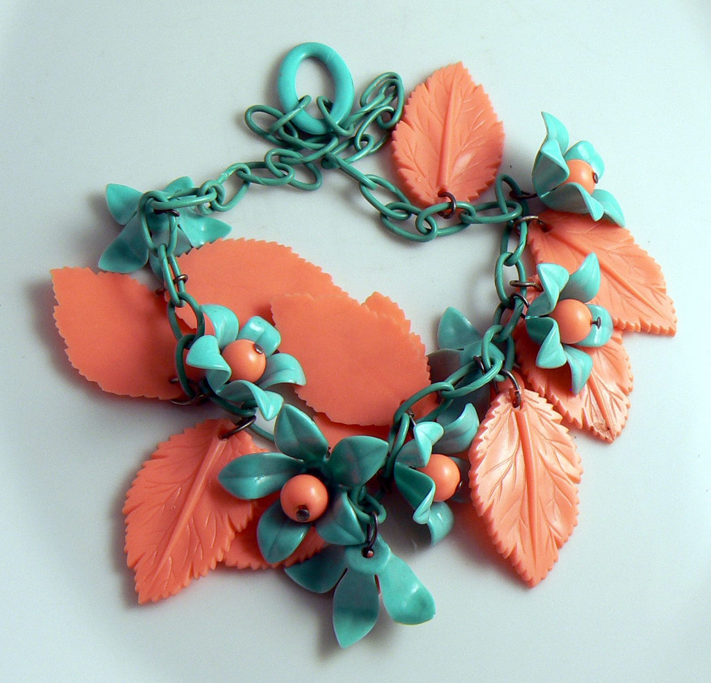 Early Plastic Vintage Celluloid Peachy Pink and Turquoise Flowers Leaves Necklace