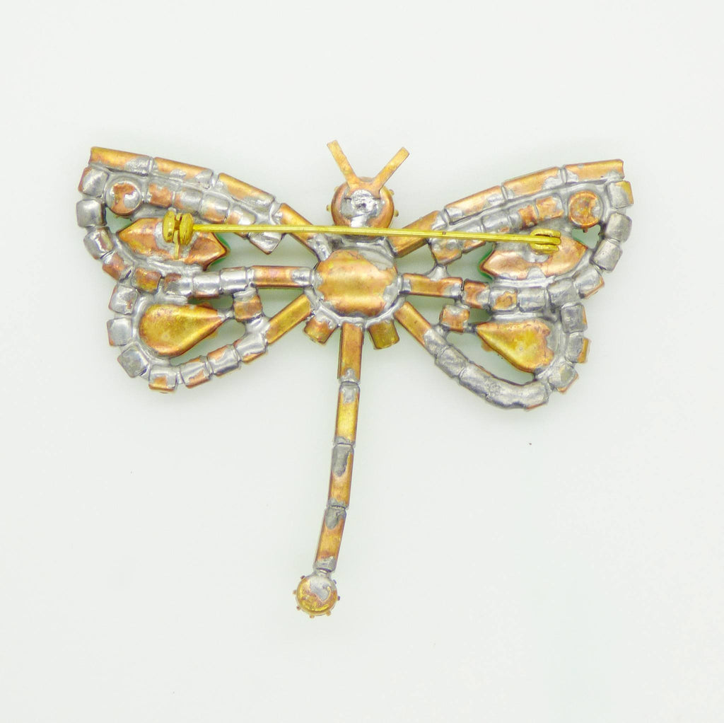 Czech Green Glass Rhinestone Dragonfly Pin - Vintage Lane Jewelry