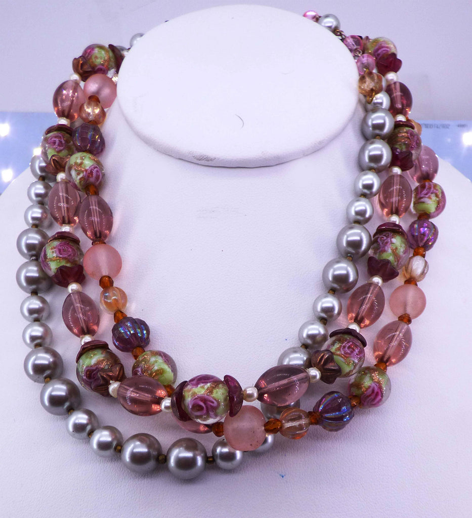Miriam Haskell 3 Strand Art Glass and Glass Pearl Necklace - Vintage Lane Jewelry