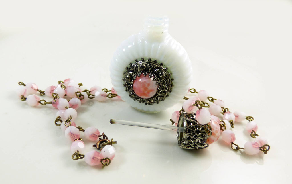 Vintage Czech Milk Glass Perfume Bottle Necklace, Mottled Peach with matching chain - Vintage Lane Jewelry