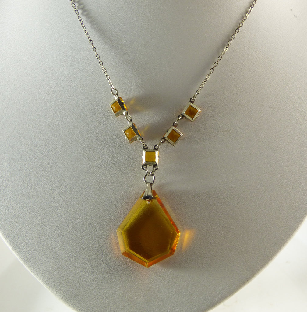 Czech glass amber necklace has prong set, open back, faceted glass squares - Vintage Lane Jewelry