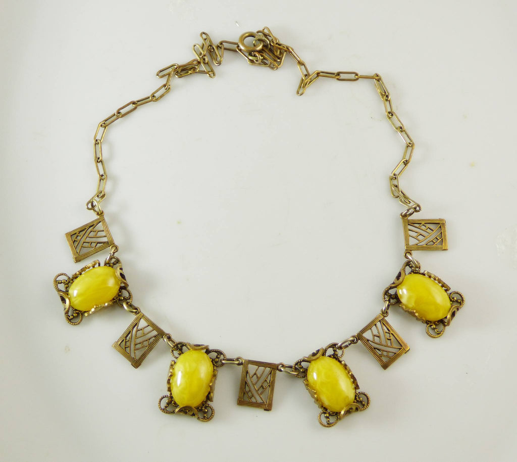 Czech Art Deco Yellow Glass Cabochon Brass Filigree Necklace