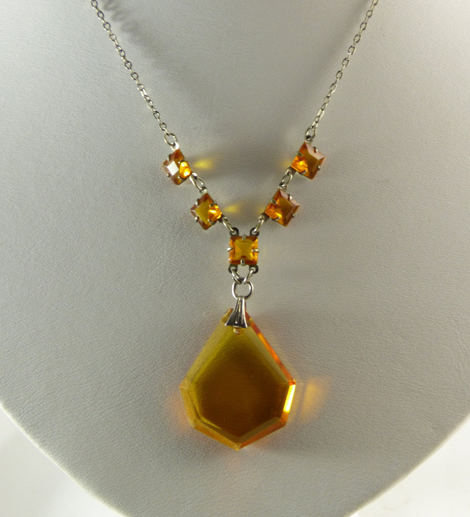 Czech glass amber necklace has prong set, open back, faceted glass squares - Vintage Lane Jewelry