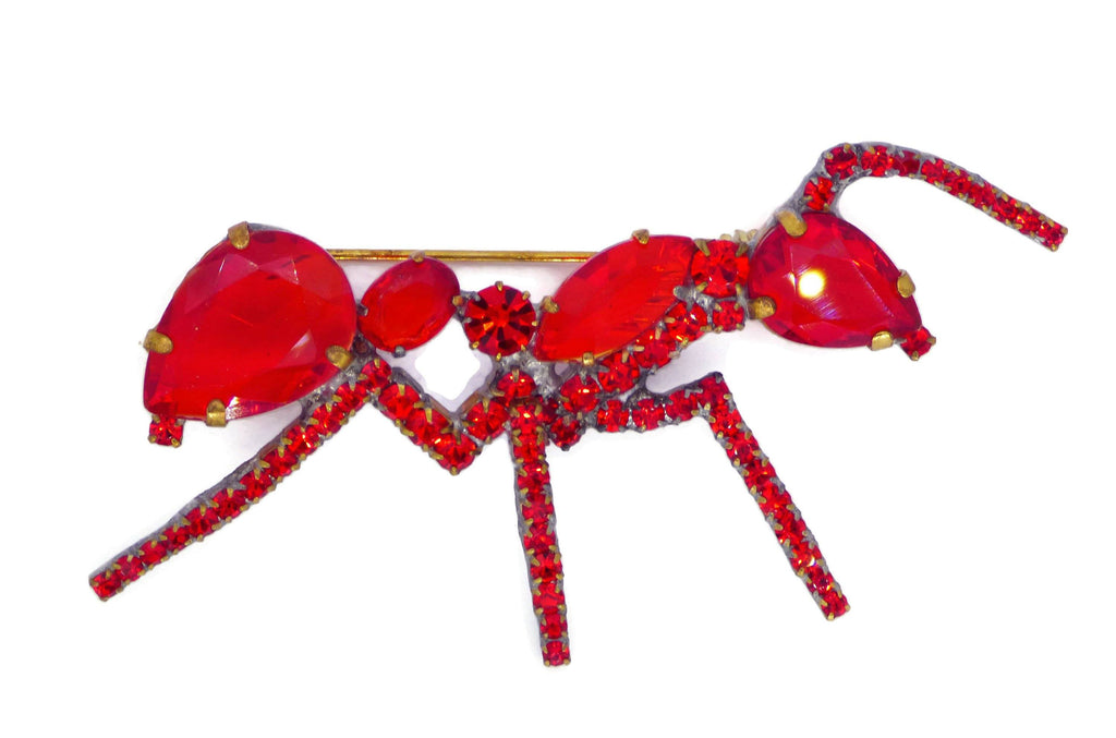 Czech Red Glass Rhinestone Ant Brooch