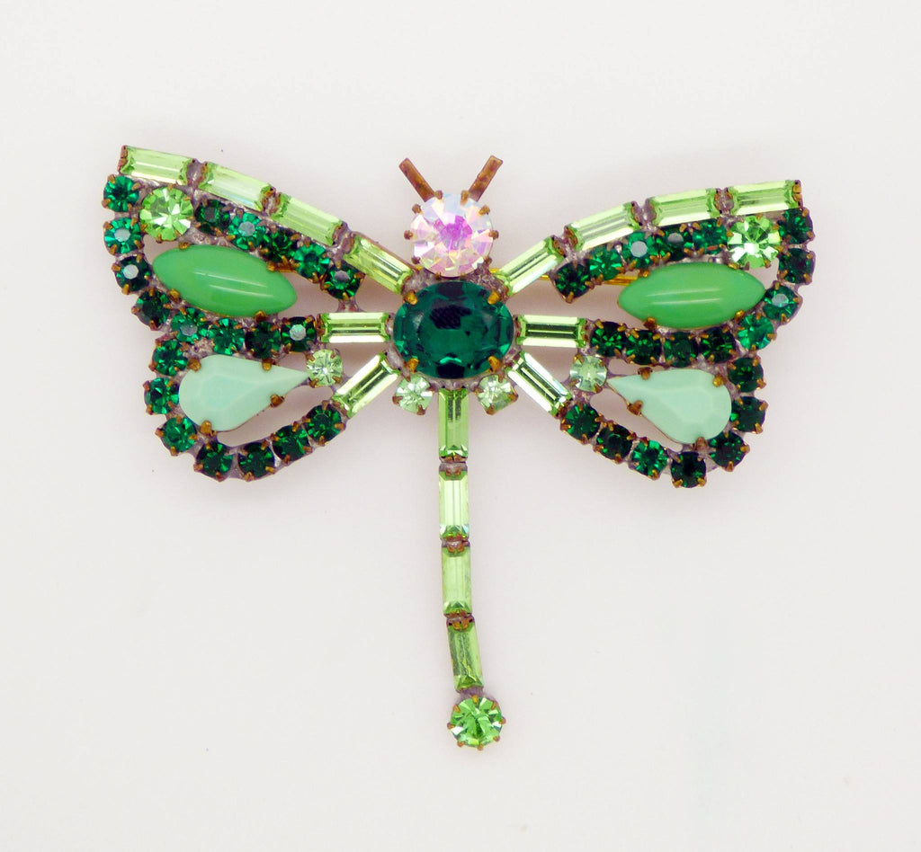 Czech Green Glass Rhinestone Dragonfly Pin