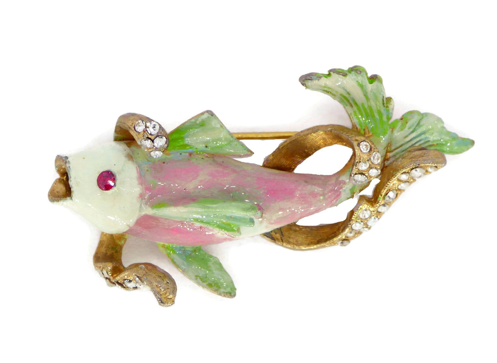 Vintage BSK Enamel Rhinestone Koi Fish Brooch, Book Piece
