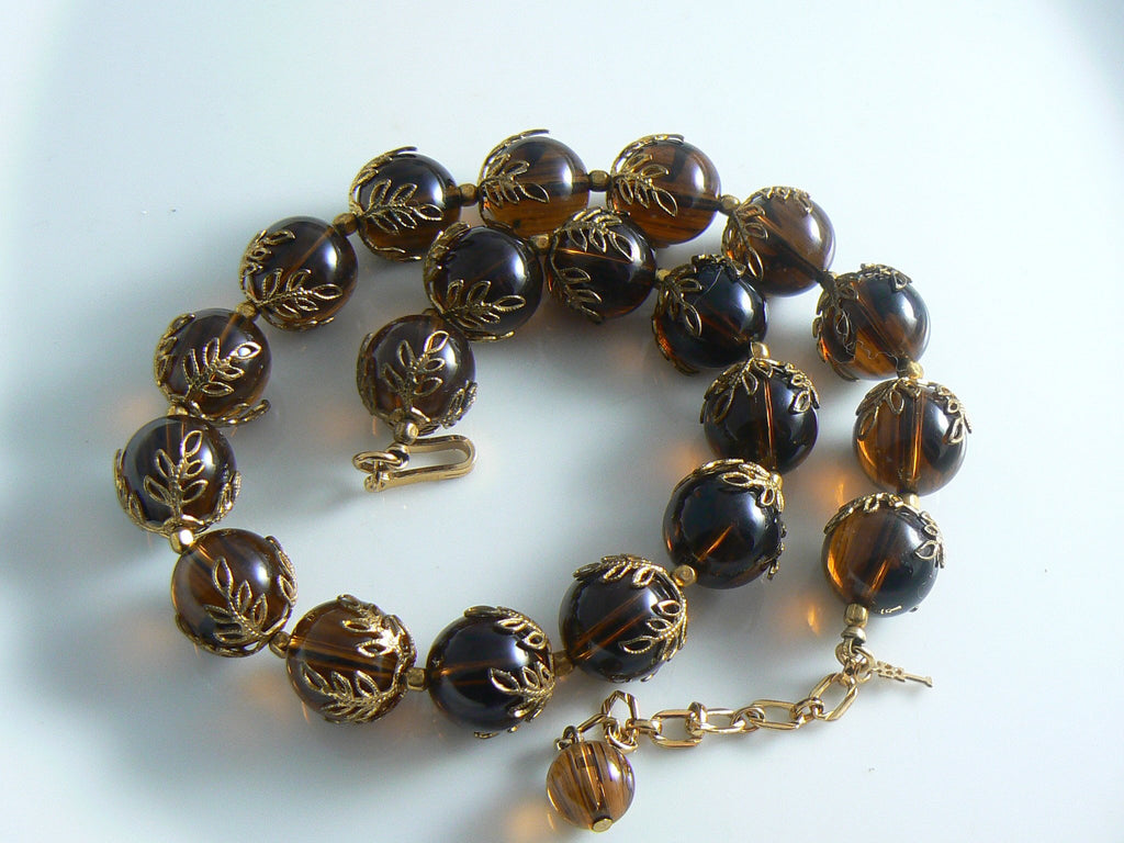 Vintage Trifari Amber Lucite Bead Filigree Necklace