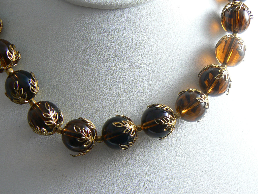 Vintage Trifari Amber Lucite Bead Filigree Necklace - Vintage Lane Jewelry