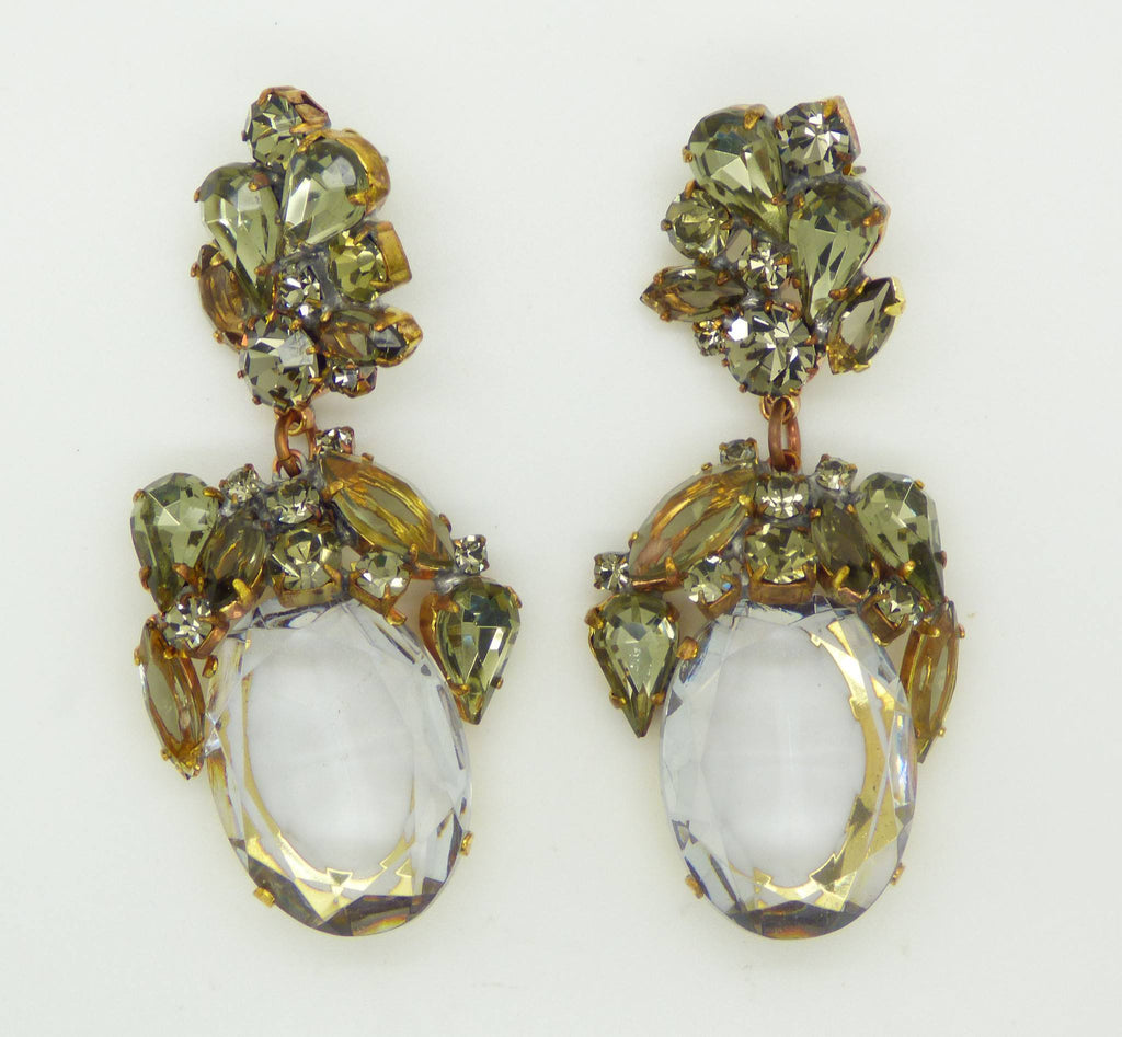 Czech Glass Smoke Grey Dangle Pierced Style Earrings, Rhinestone, open-back