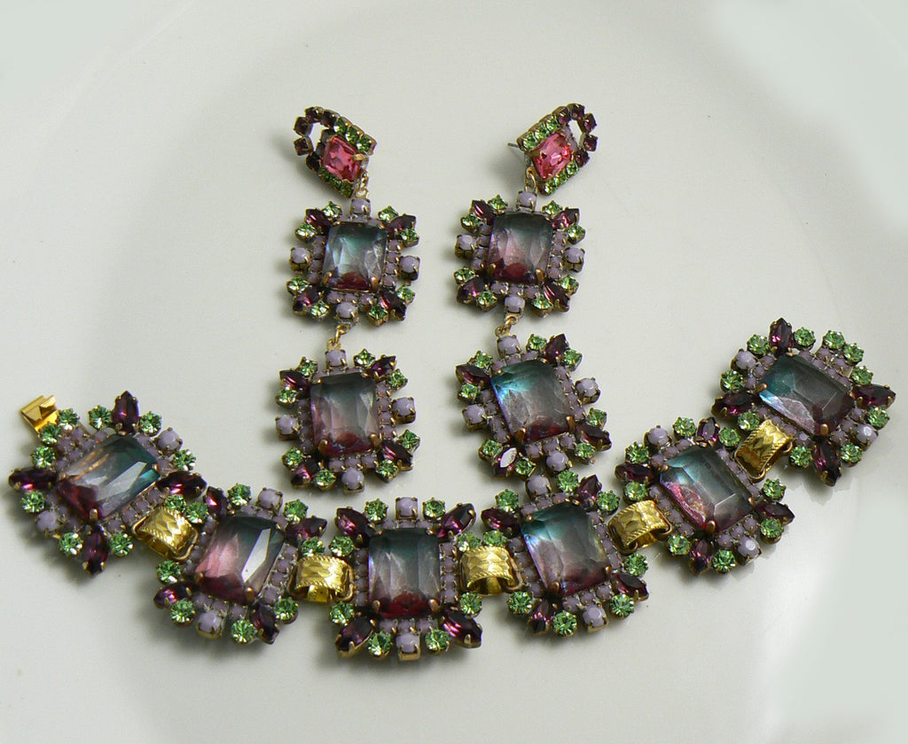 Czech Glass Lavender and Green Bracelet Pierced Earring Set