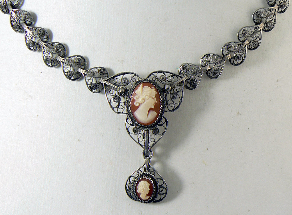 Estate Sterling Silver Filigree Carved Shell Cameo Necklace Earring Set - Vintage Lane Jewelry