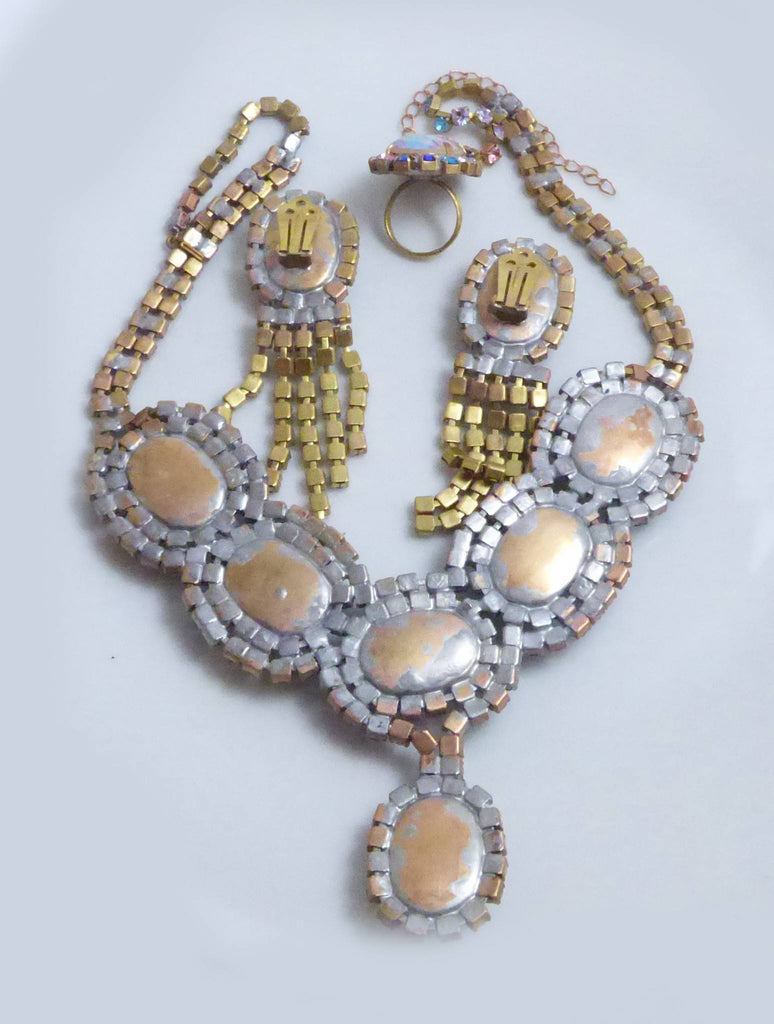 Czech Glass Multicolored Pastel Rhinestone Necklace, Clip Earrings and Ring - Vintage Lane Jewelry