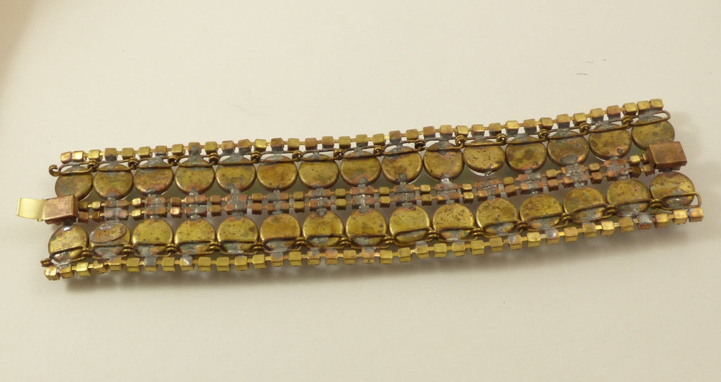 Czech Glass Rhinestone and Iridescent Cabochon Wide Brass Bracelet - Vintage Lane Jewelry