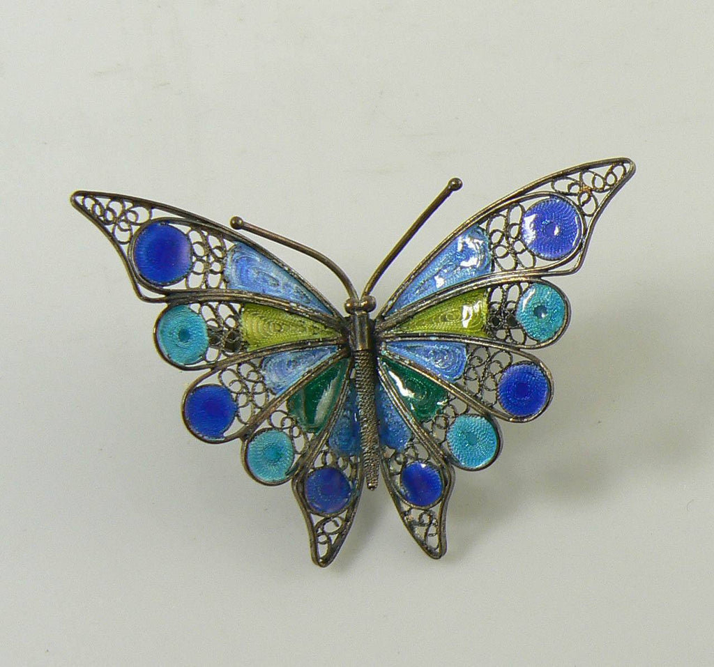 Enameled Butterfly 800 Silver Filigree Pin, Blue and Green - Vintage Lane Jewelry