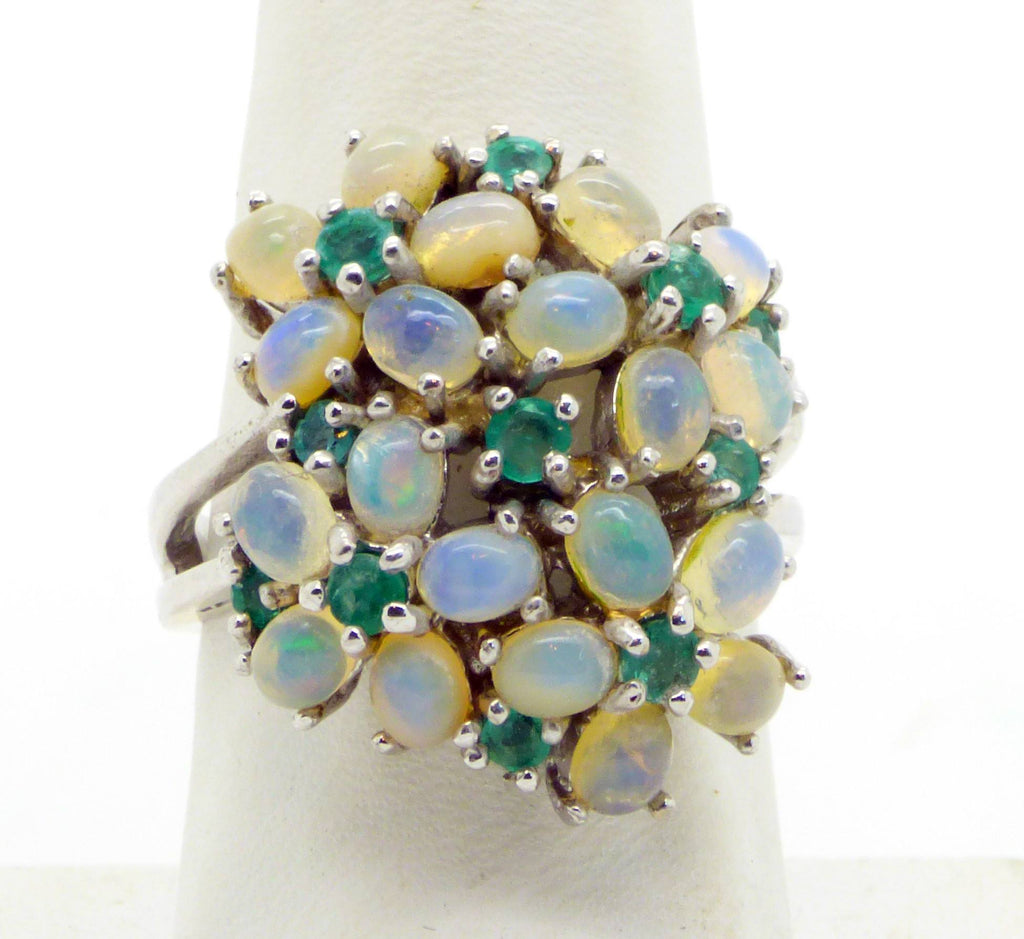 Rainbow Fire Opal and Natural Emerald 14K white gold over sterling silver ring, Cluster Ring