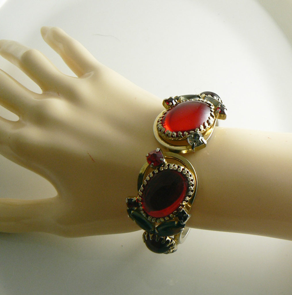 Vintage Red Cabochon Red, Gray Rhinestone Clamper Bracelet, Juliana style bracelet - Vintage Lane Jewelry