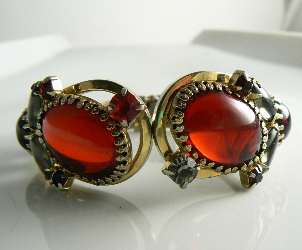 Vintage Red Cabochon Red, Gray Rhinestone Clamper Bracelet, Juliana style bracelet